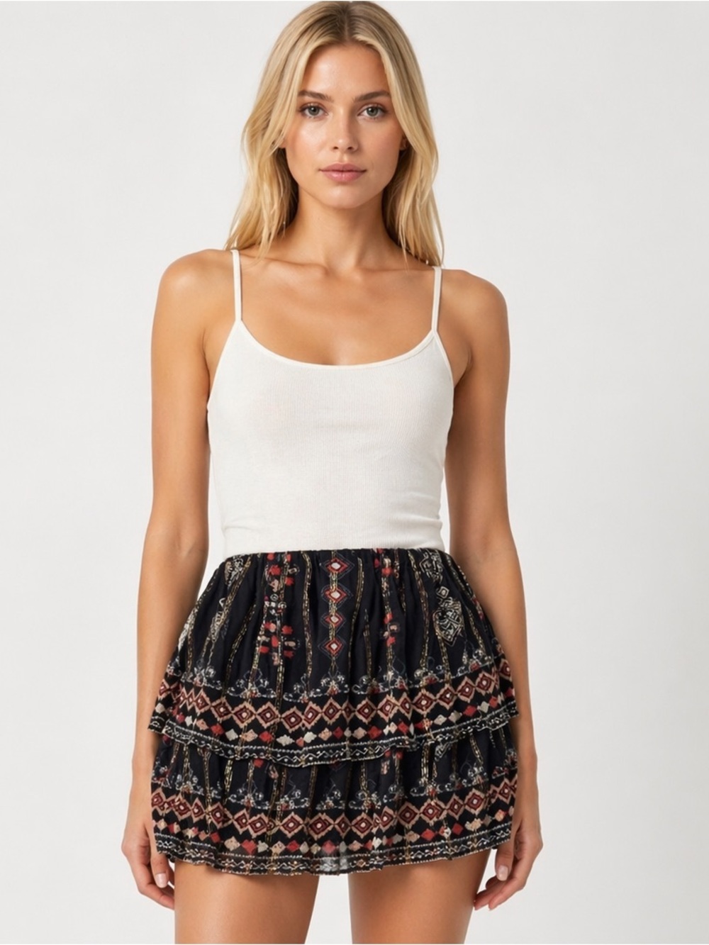 Joie Silk Boho Aztec Metallic Print Two-Tier Mini Skirt Black/Gold Size XS